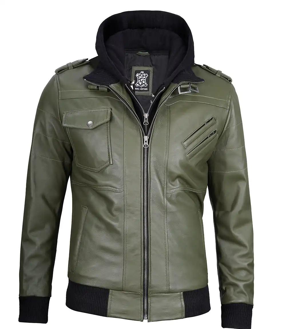 Men’s Green Real Leather Hooded Jacket – Removable Hoodie | Rugged Winter Biker Style