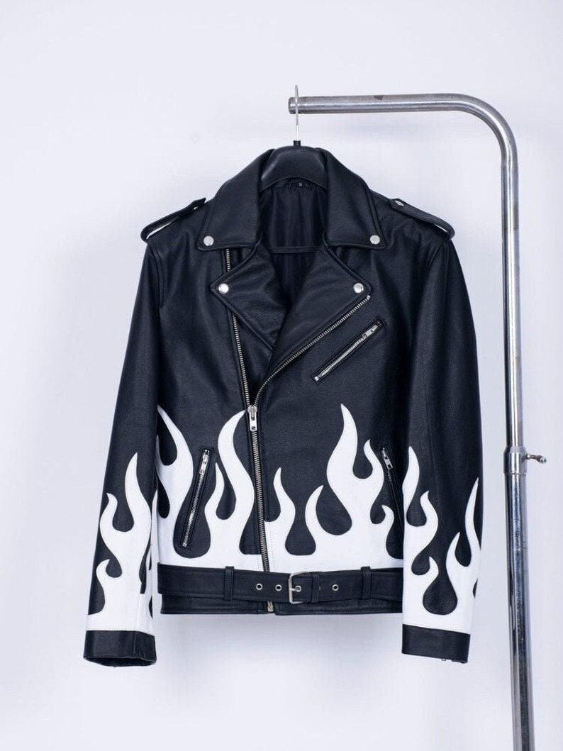 White Flame Leather Jacket for Men – Real Lambskin Moto Biker Style | Bold Streetwear Look