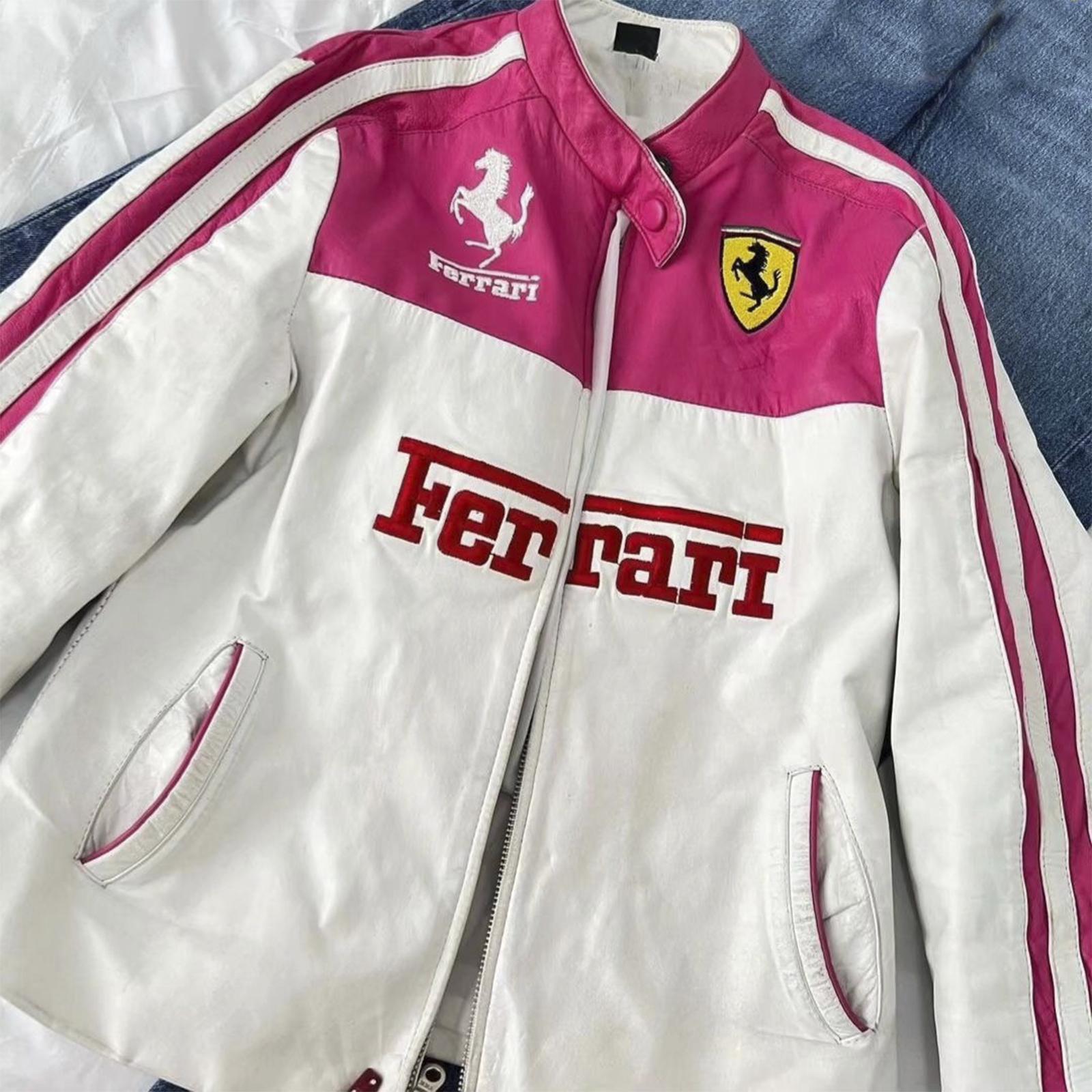 Ferrari-Inspired Women’s Leather Racing Jacket – White & Pink Lambskin | F1 Street Style Must-Have